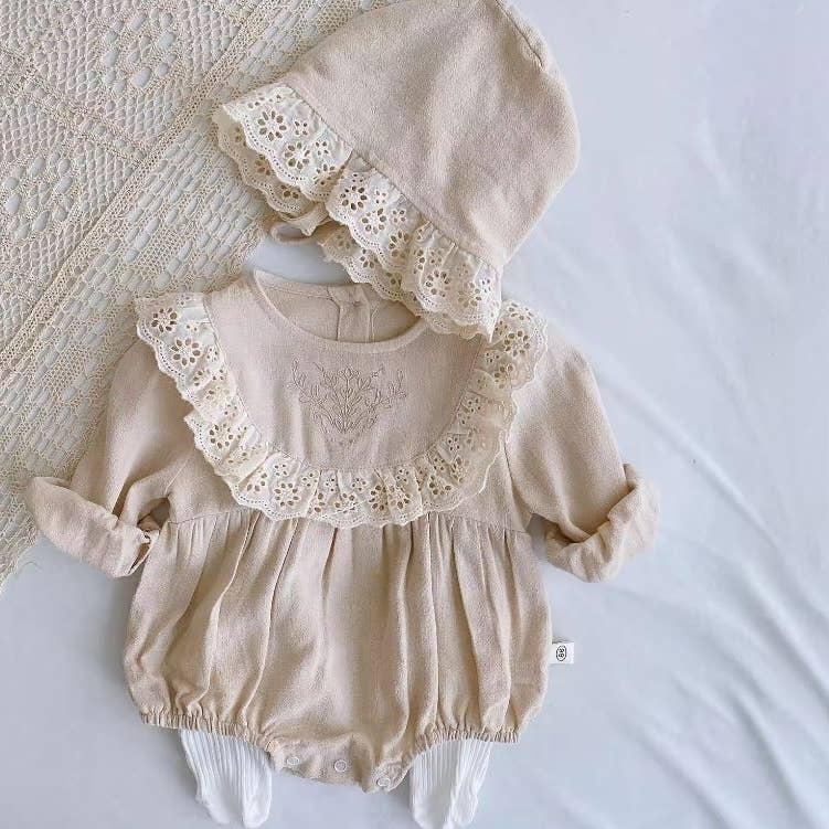 $17.50 EA - 3-6M X 2, 6-12M X 2, 12-24M X 2 - Baby Girl Embroidered Lace Collar Long-Sleeved Romper- Latte