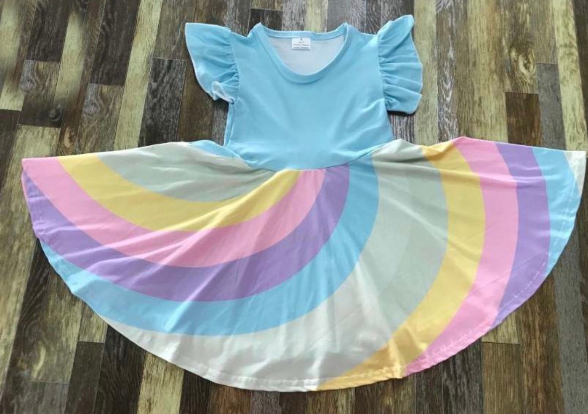 Girls Fun Playful Rainbow Spin Dresses - Blue