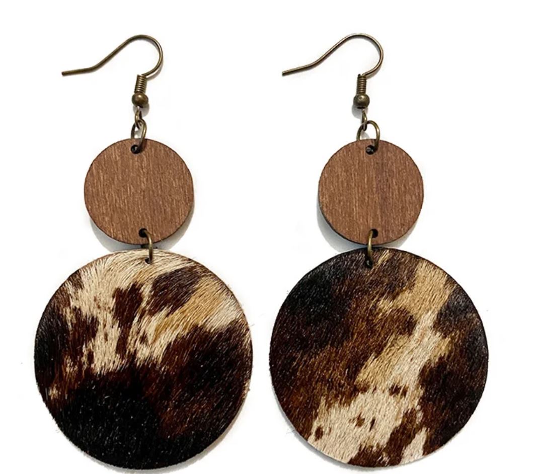 Vintage Western Earrings Wood Genuine Leather Horsehair Patchwork Drop Earrings Bohemian