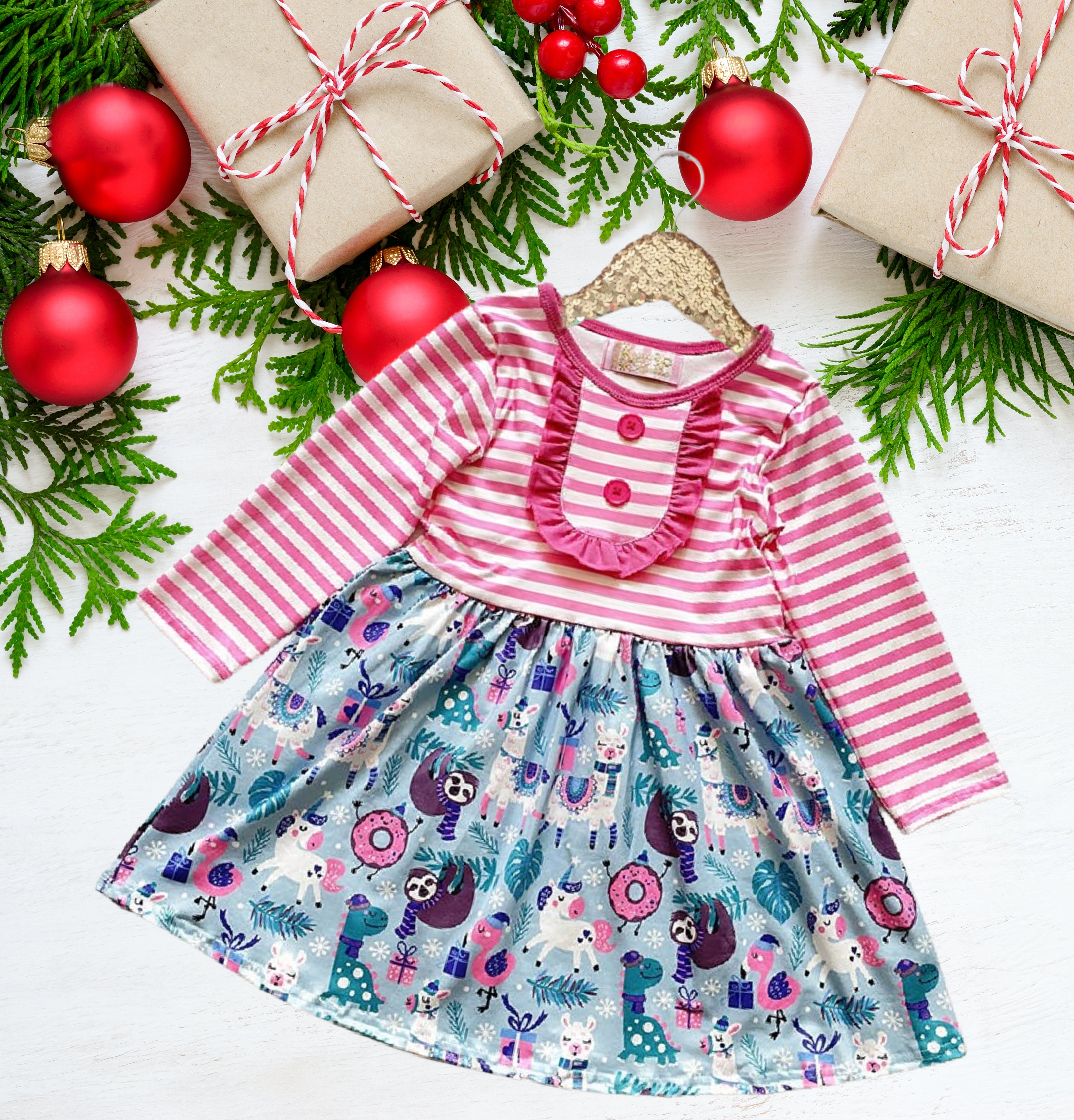 Winter Fun Girls Twirl Dresses - Pink Christmas Sloths, donuts, flamingos + Stripes - Ruffles + buttons chest