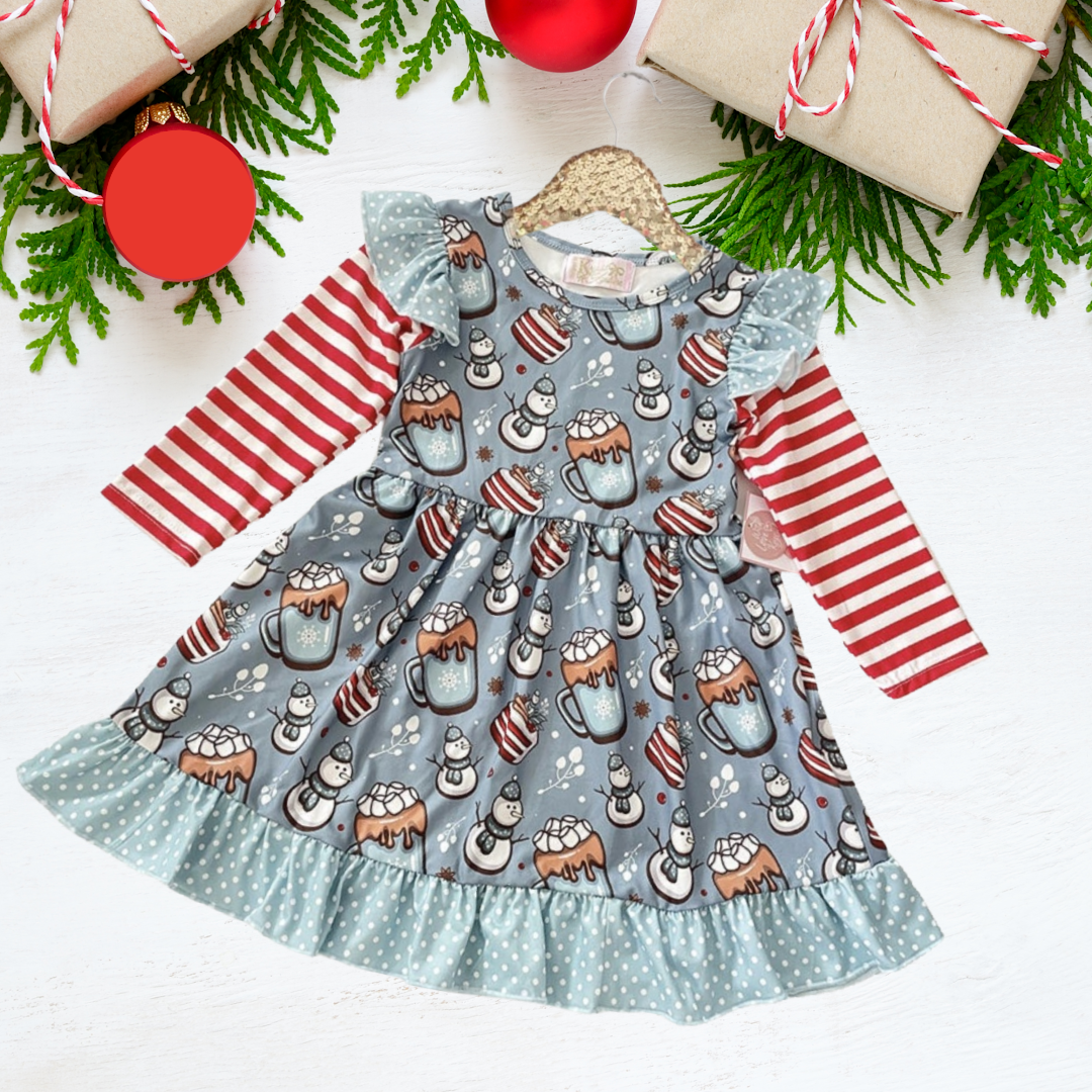 Winter Fun Girls Twirl Dresses - Blue Hot Cocoa + Snowmen - red stripe sleeves - light blue polka dot ruffle shoulders and skirt trim