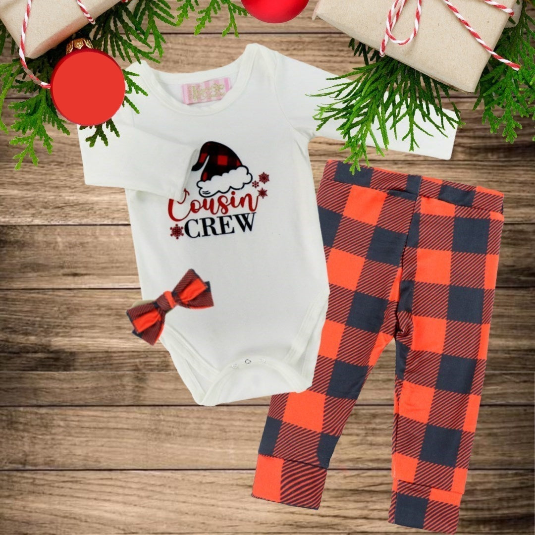 Infant 3 Pc Christmas Pajamas - Cousin Crew with santa hat print - Buffalo Plaid pants - buffalo plaid headbow