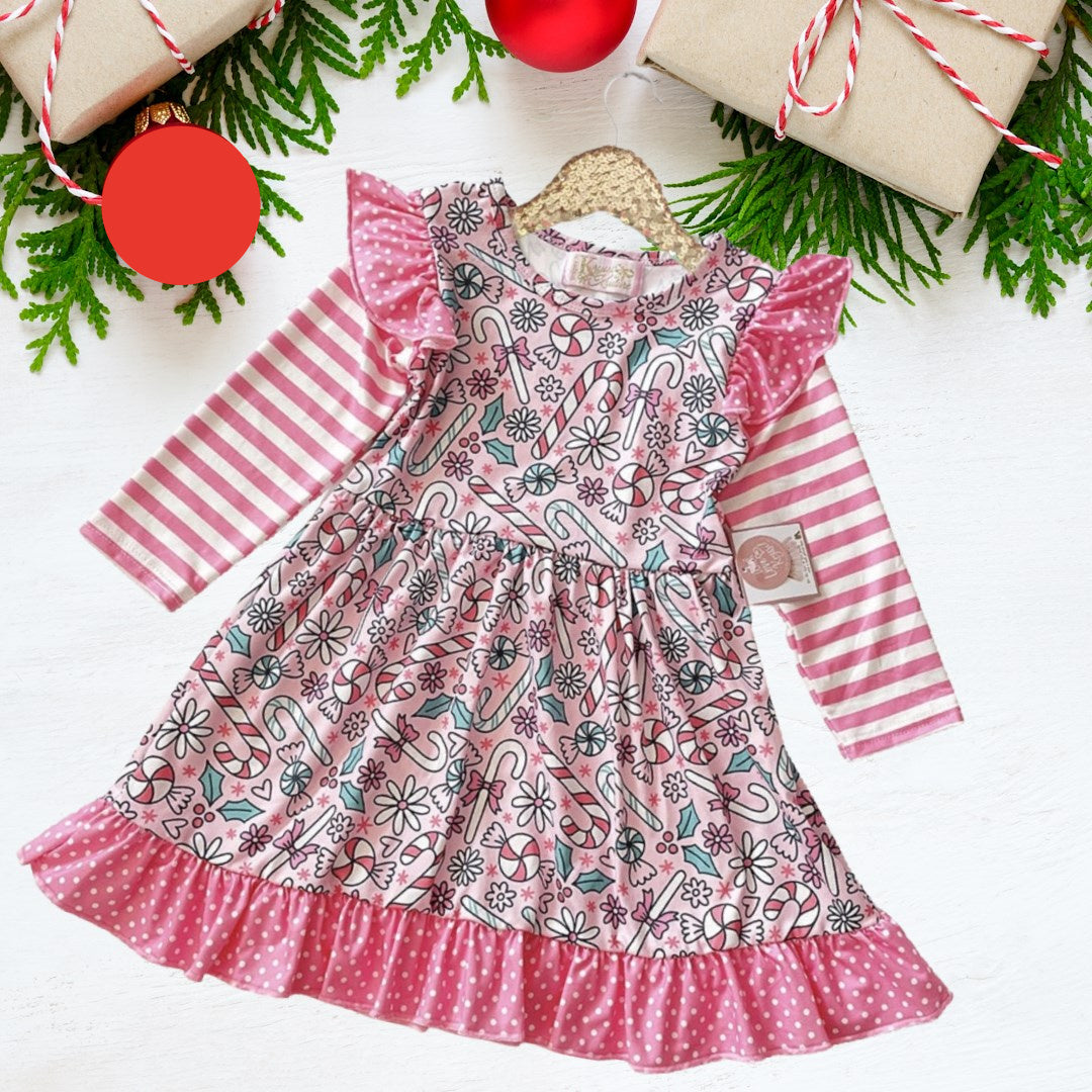 Winter Fun Girls Twirl Dresses - Pink Candy Canes & Treats - Pink Polka Dot Ruffle Bottom & Shoulders with Pink Striped sleaves