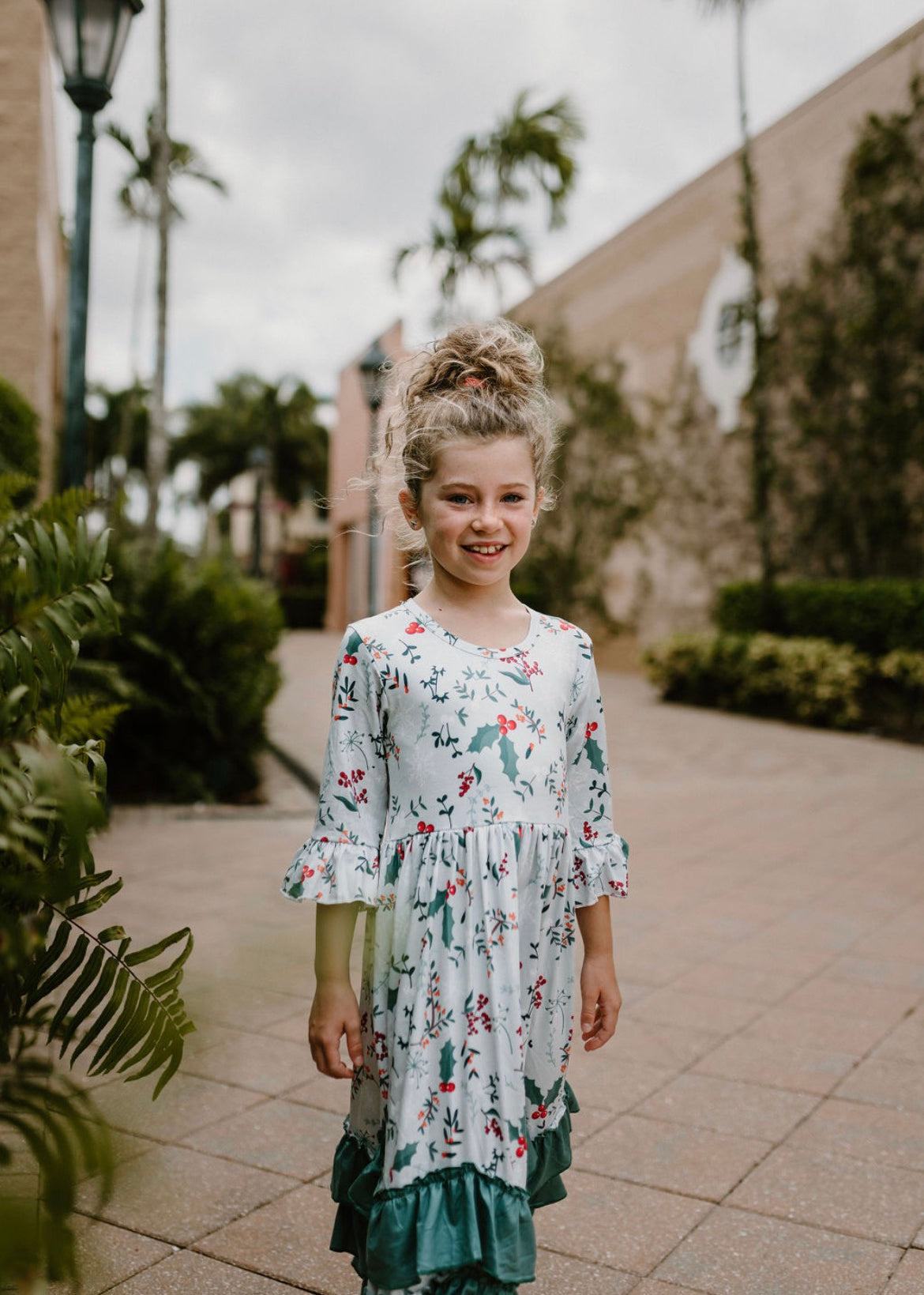 Girls Long Ruffle Holiday/Christmas Dresses - Winter Blue with Plants & Holly
