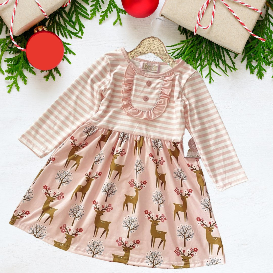 Winter Fun Girls Twirl Dresses - Pink Stripe Reindeers with flowers in their antlers