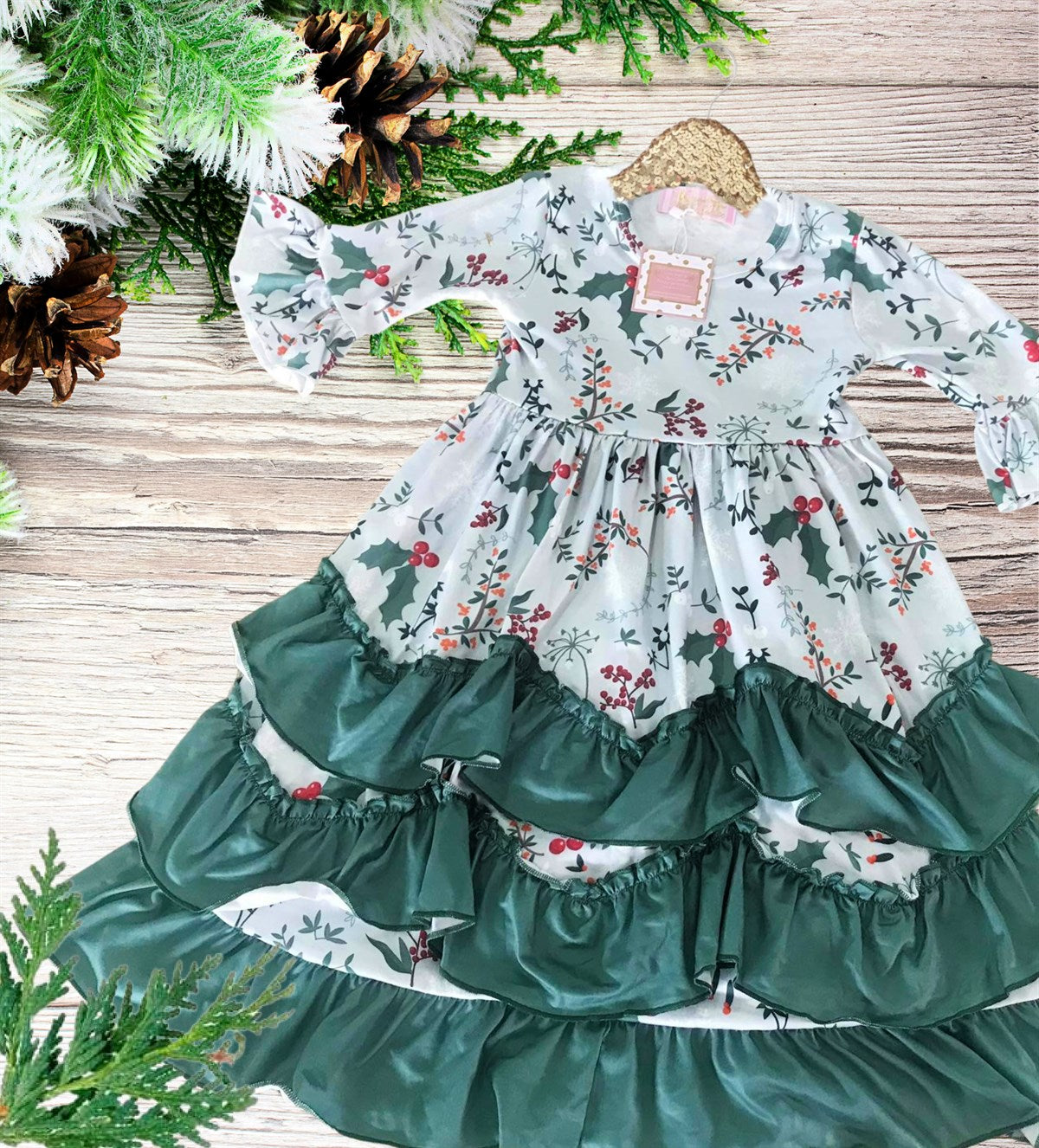 Girls Long Ruffle Holiday/Christmas Dresses - Winter Blue with Plants & Holly