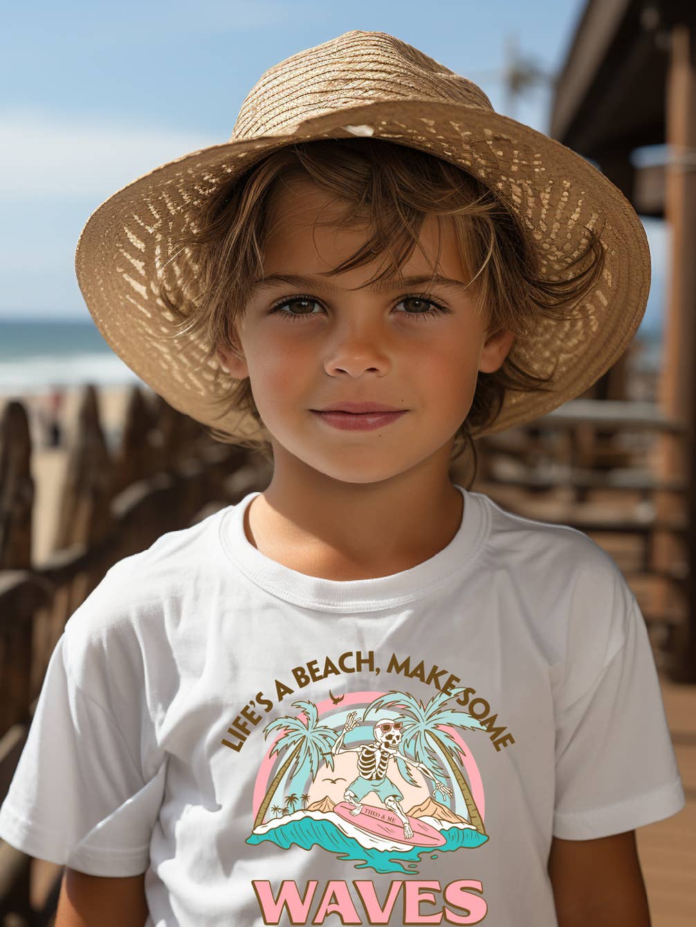 Toddler Lifes A Beach Skeleton Surfboard T-Shirt