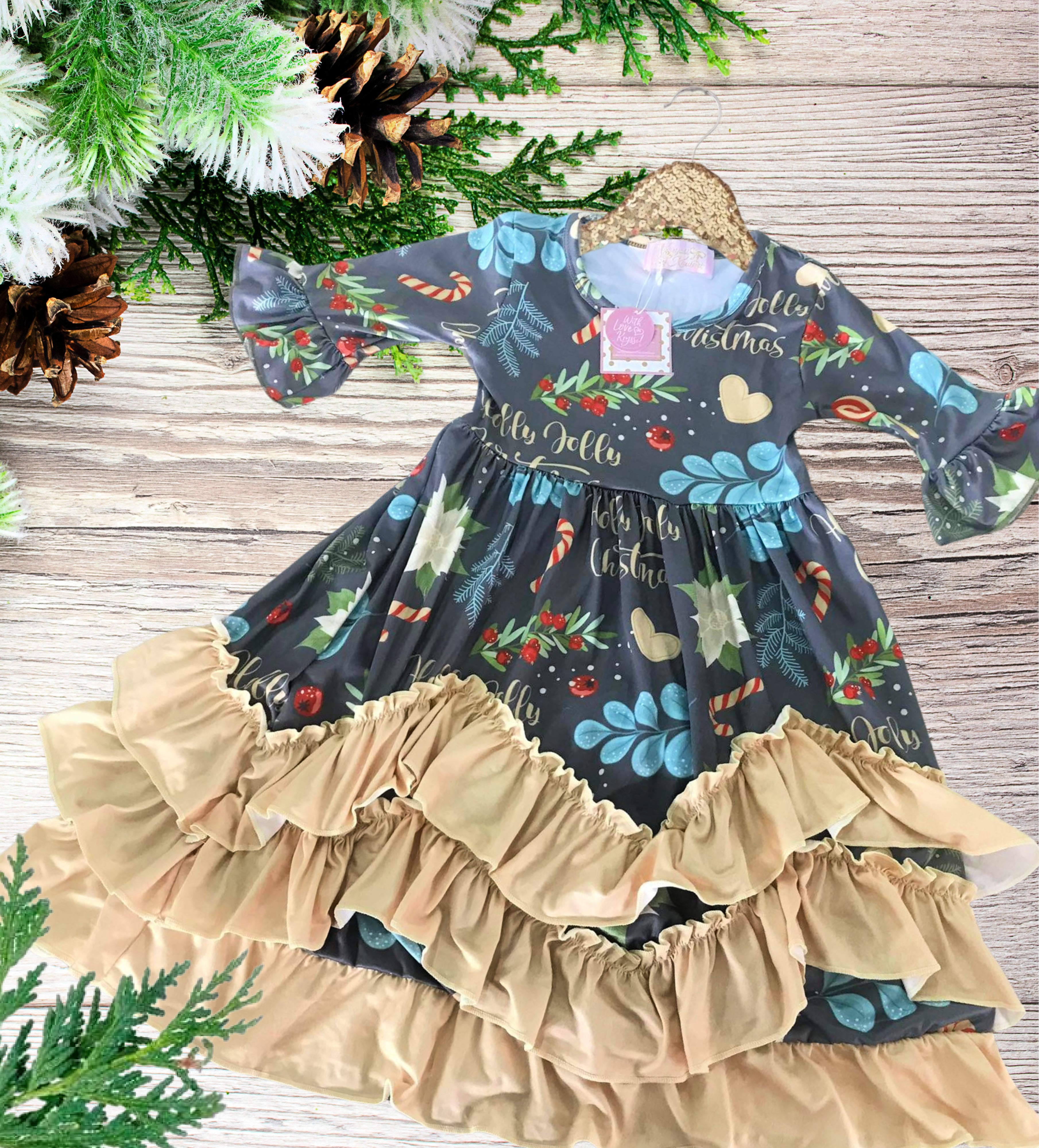 Girls Long Ruffle Holiday/Christmas Dresses - Mustard & Grey Holly Jolly Christmas