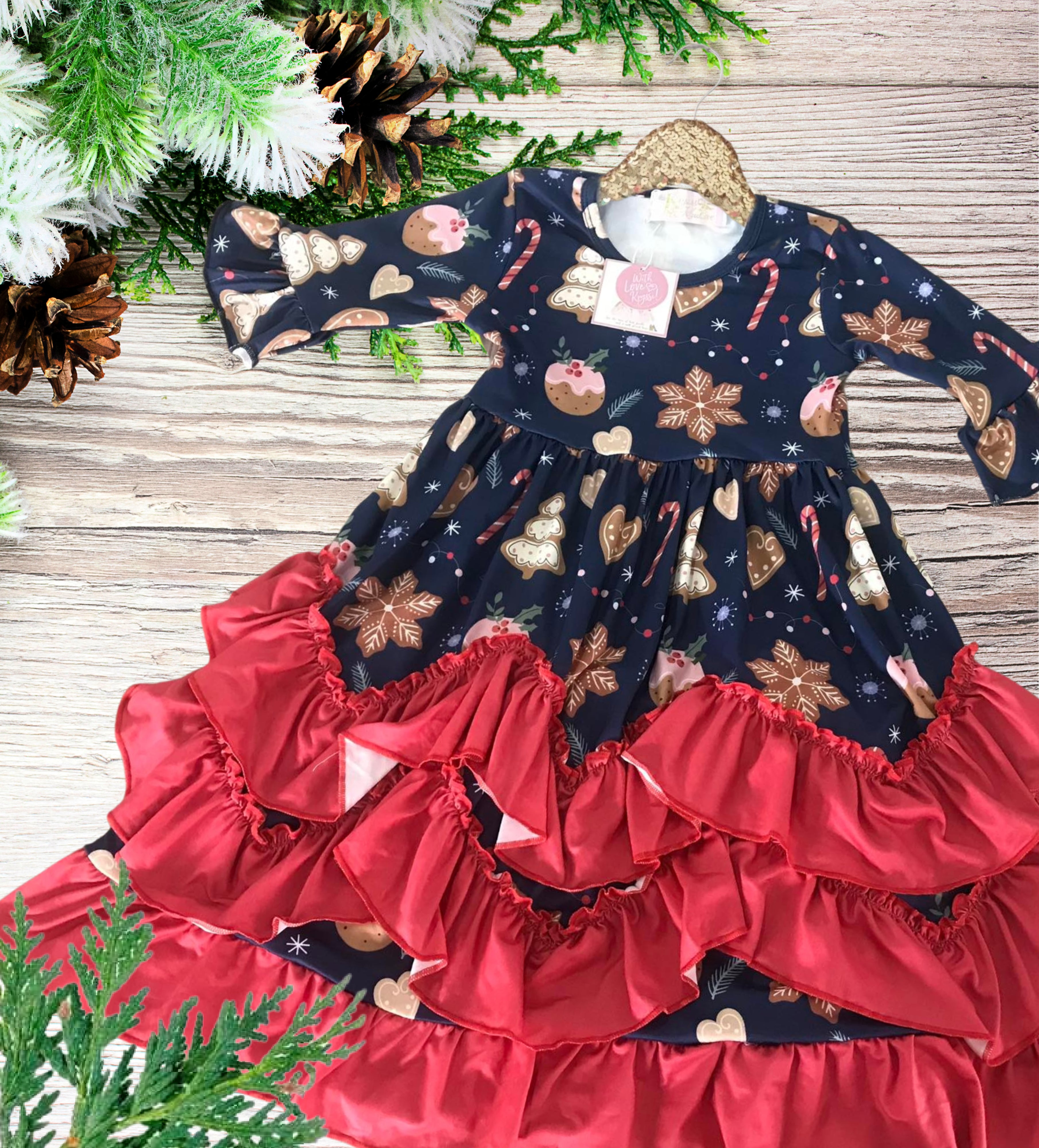 Girls Long Ruffle Holiday/Christmas Dresses - Navy Gingerbread & Snacks with red ruffle skirt edge