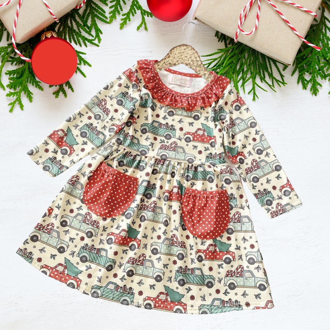 Winter Fun Girls Twirl Dresses - Vintage Trucks with Red Polka Dots Pockets & ruffle neck