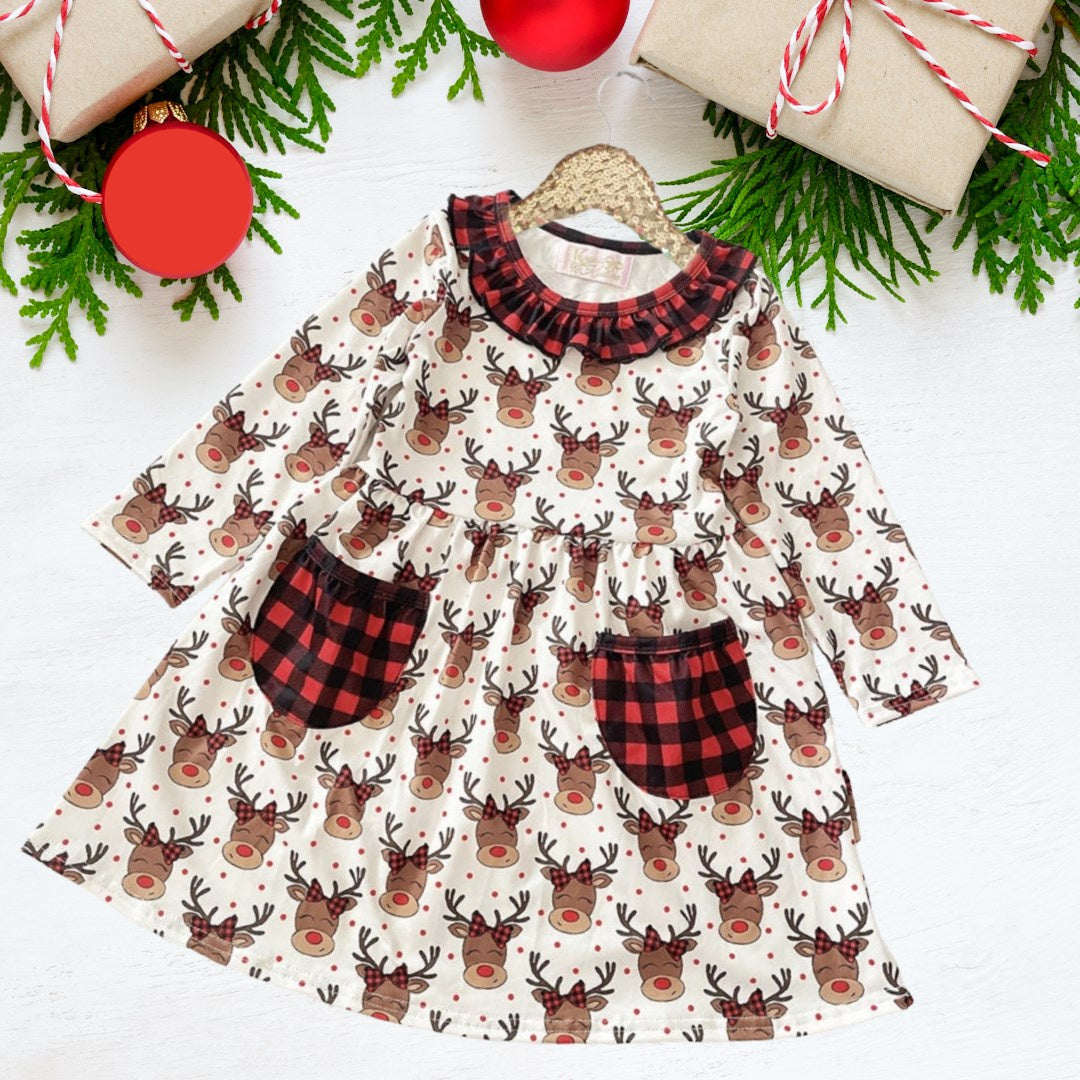 Winter Fun Girls Dresses Rudolph With Bows Buffalo Plaid Pockets