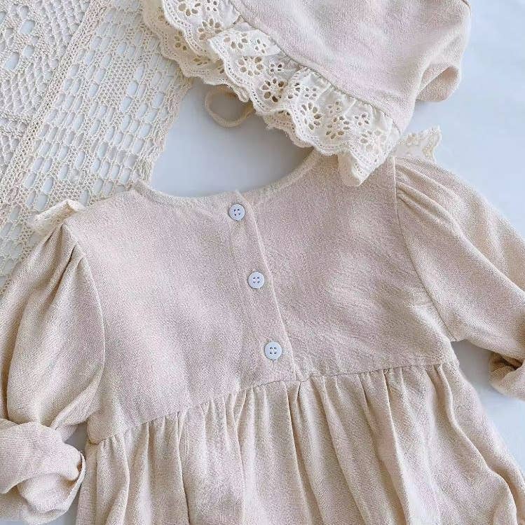 $17.50 EA - 3-6M X 2, 6-12M X 2, 12-24M X 2 - Baby Girl Embroidered Lace Collar Long-Sleeved Romper- Latte