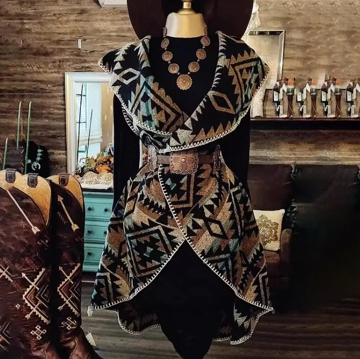 Women Fashion Retro Western Geometric Printed Imitation Wool Lapel Sleeveless Coat