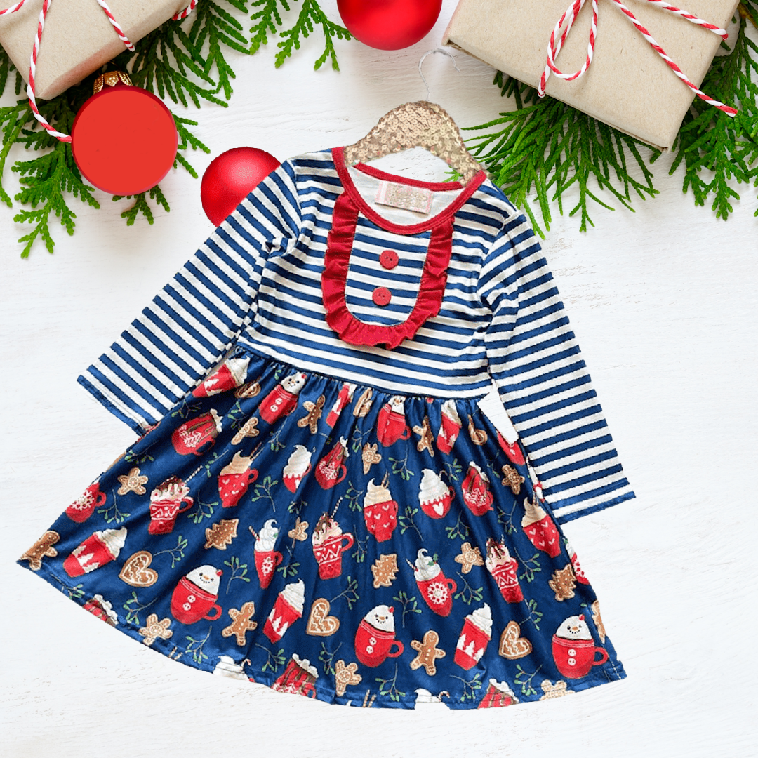 Winter Fun Girls Twirl Dresses - Navy & Red Stipe Gingerbread