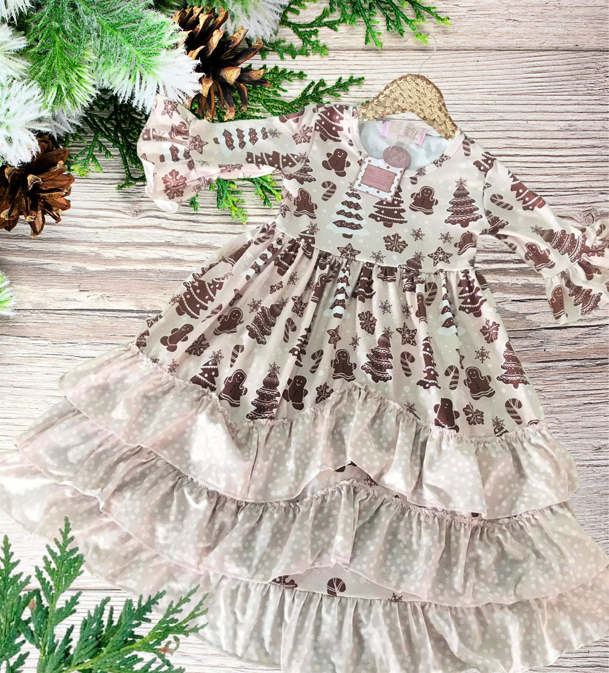 Girls Long Ruffle Holiday/Christmas Dresses - Blush Gingerbread Man & Trees & stars & snowflakes
