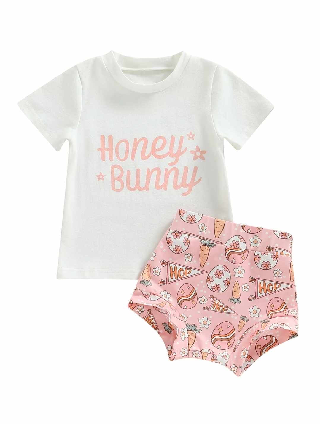 Baby Easter 2-Piece Honey Bunny white Tee with Pink Egg Bummie - carrots, hop banner, easter eggs