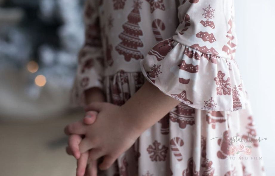 Girls Long Ruffle Holiday/Christmas Dresses - Blush Gingerbread Man & Trees