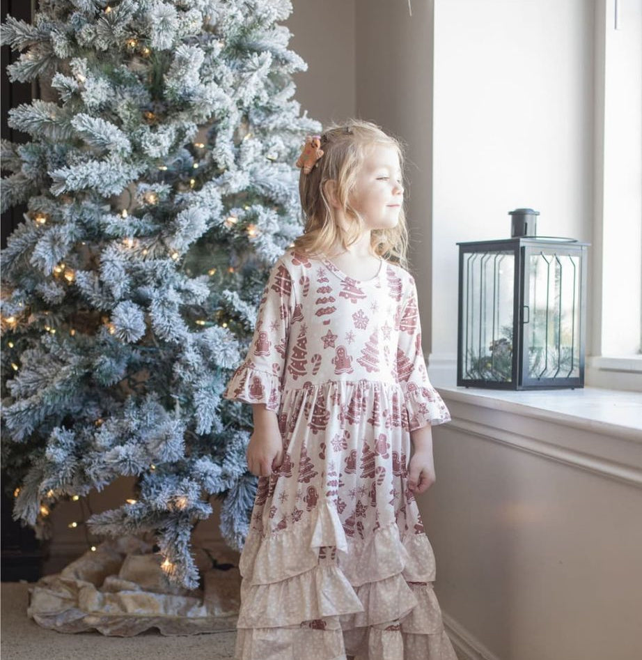 Girls Long Ruffle Holiday/Christmas Dresses - Blush Gingerbread Man & Trees