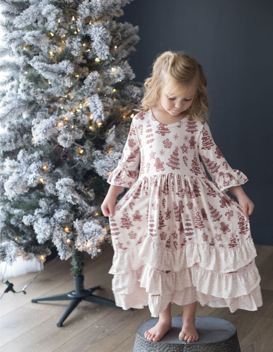 Girls Long Ruffle Holiday/Christmas Dresses - Blush Gingerbread Man & Trees