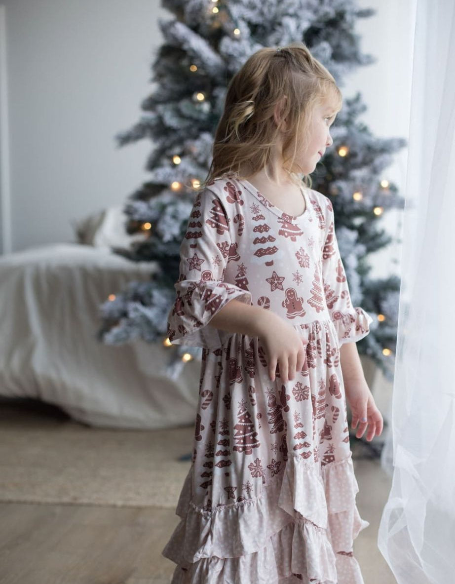 Girls Long Ruffle Holiday/Christmas Dresses - Blush Gingerbread Man & Trees