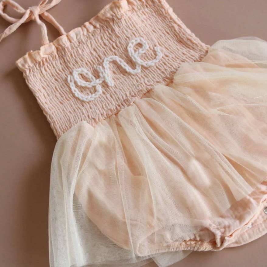 Baby Girl First Birthday Dress Tutu with Embroidered One - Blush