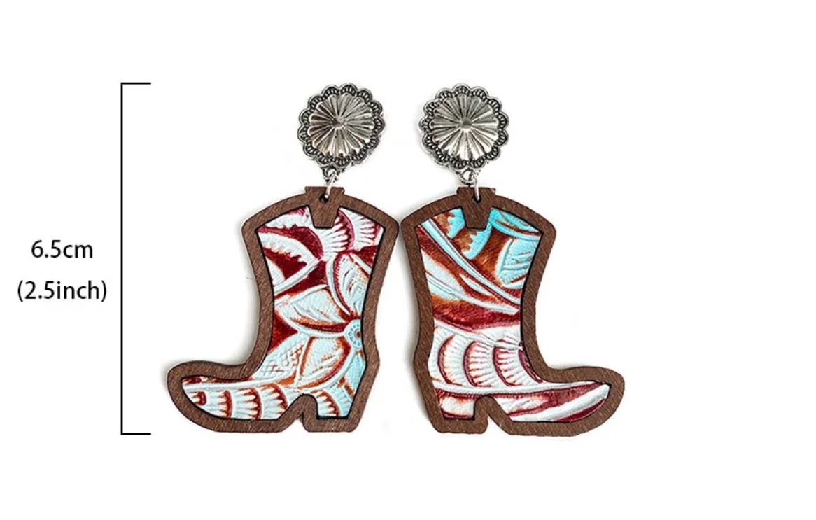 Western Cowboy Boots Earrings Classic Leopard Print Genuine Leather Inlaid Wood Texture Stud Earrings