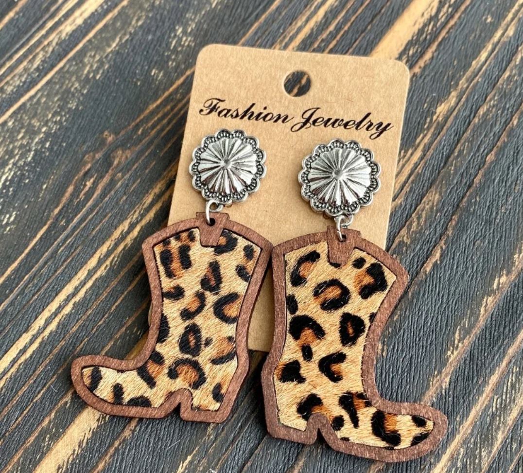 Western Cowboy Boots Earrings Classic Leopard Print Genuine Leather Inlaid Wood Texture Stud Earrings