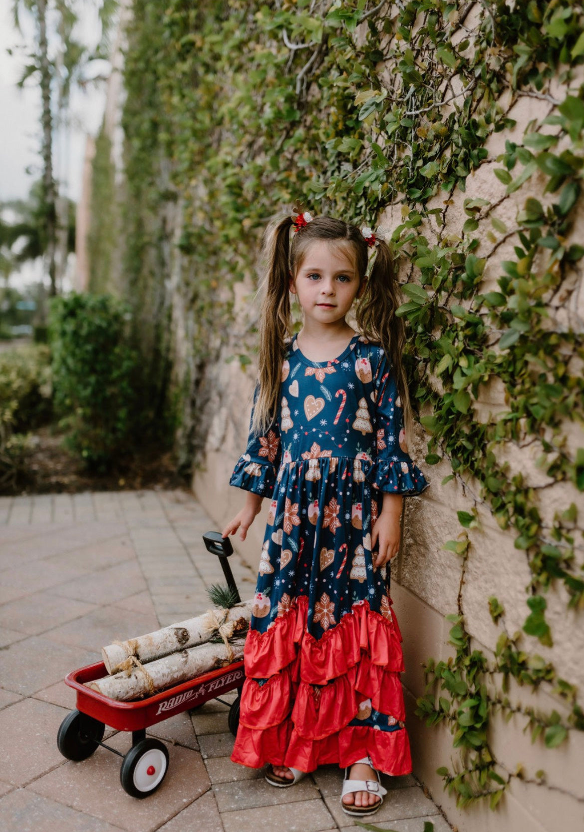 Girls Long Ruffle Holiday/Christmas Dresses - Navy Gingerbread & Snacks