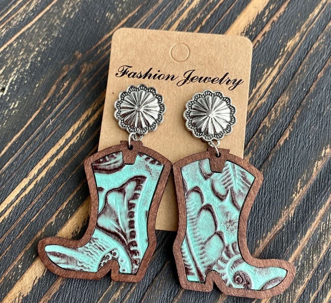 Western Cowboy Boots Earrings Classic Leopard Print Genuine Leather Inlaid Wood Texture Stud Earrings