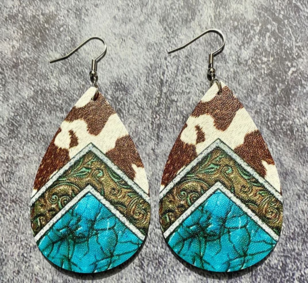 Western Retro Leather Earrings Bohemian Style Printed Fashion Water Drop Cow Brand Earrings