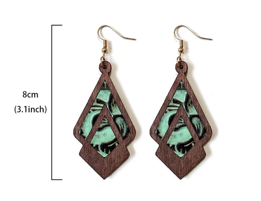 Vintage Genuine Leather Earrings Western Cowhide Embossed Inlaid Wooden Earrings Geometric Hollow