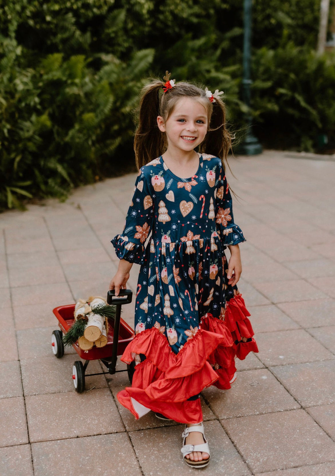 Girls Long Ruffle Holiday/Christmas Dresses - Navy Gingerbread & Snacks