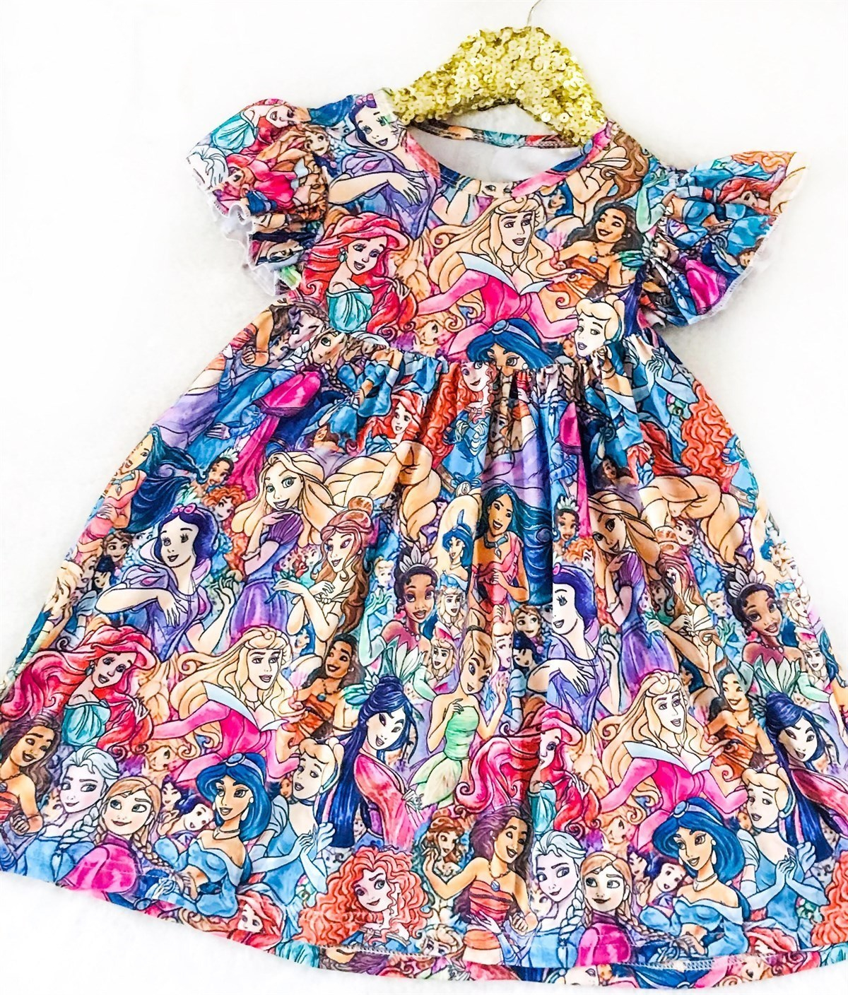 Girls Fun Character Dresses - Bright Color Princesses - moana, tinker belle, ariel, anna & elsa, tiana, aurora - sleeping beauty, rapunzel, cinderella, Belle, Merida, snow white