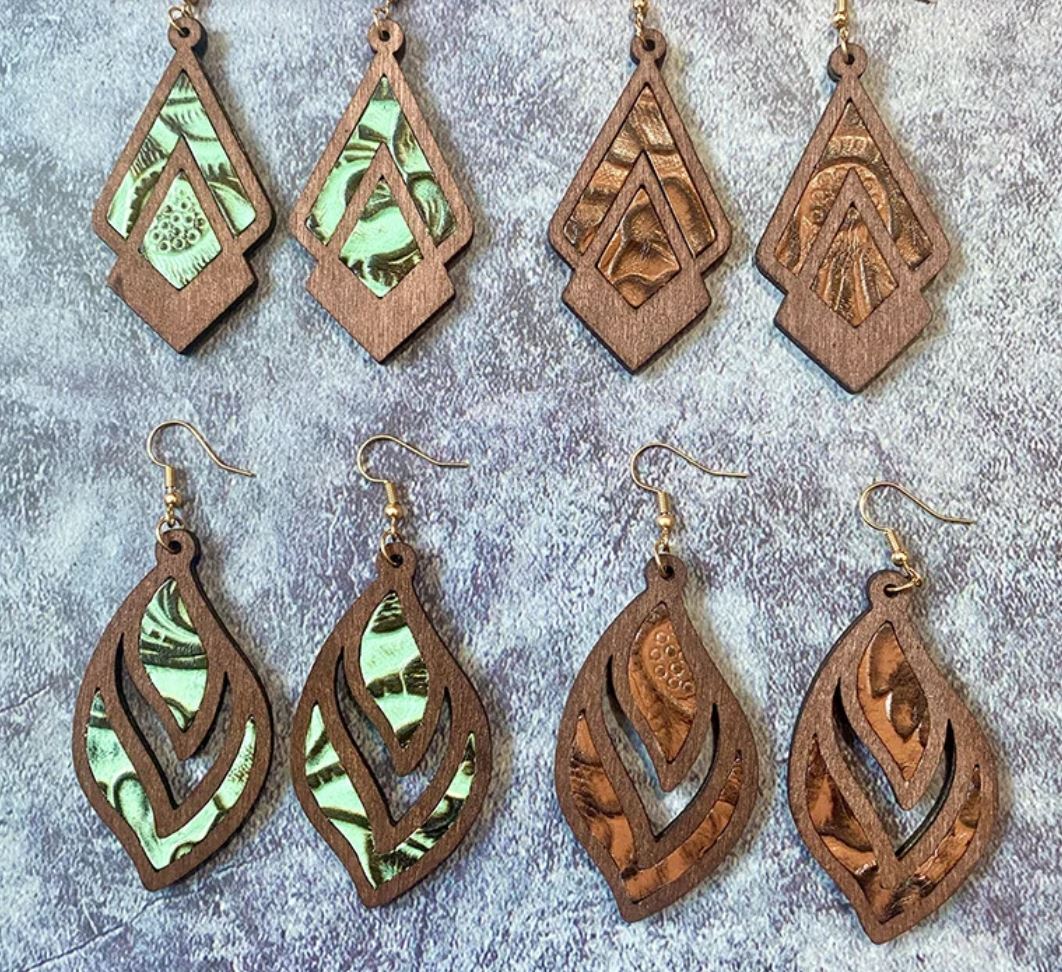 Vintage Genuine Leather Earrings Western Cowhide Embossed Inlaid Wooden Earrings Geometric Hollow