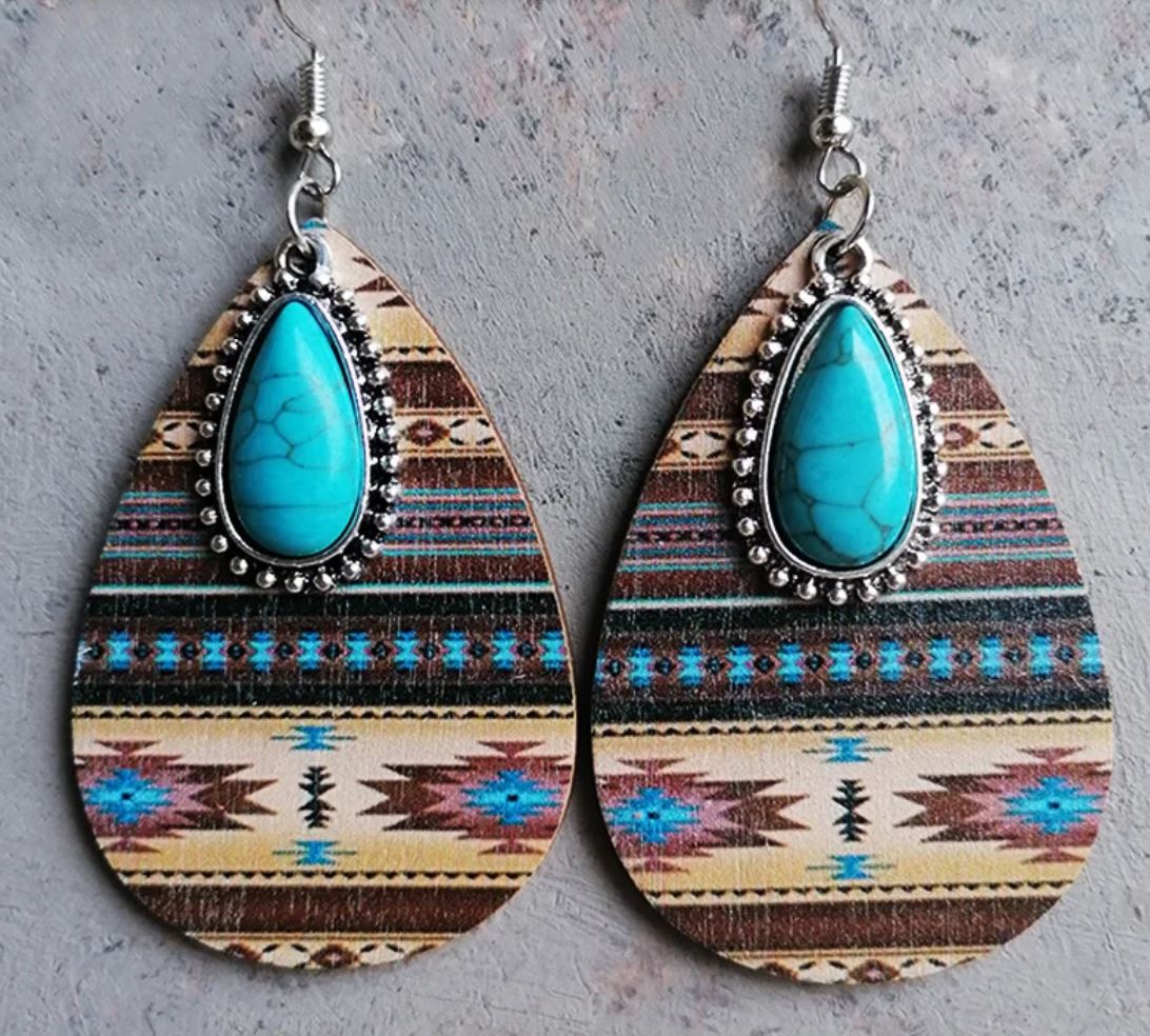 2 Pairs Women's Earrings Turquoise Pendant Vintage Ethnic Style Aztec Western Bohemian