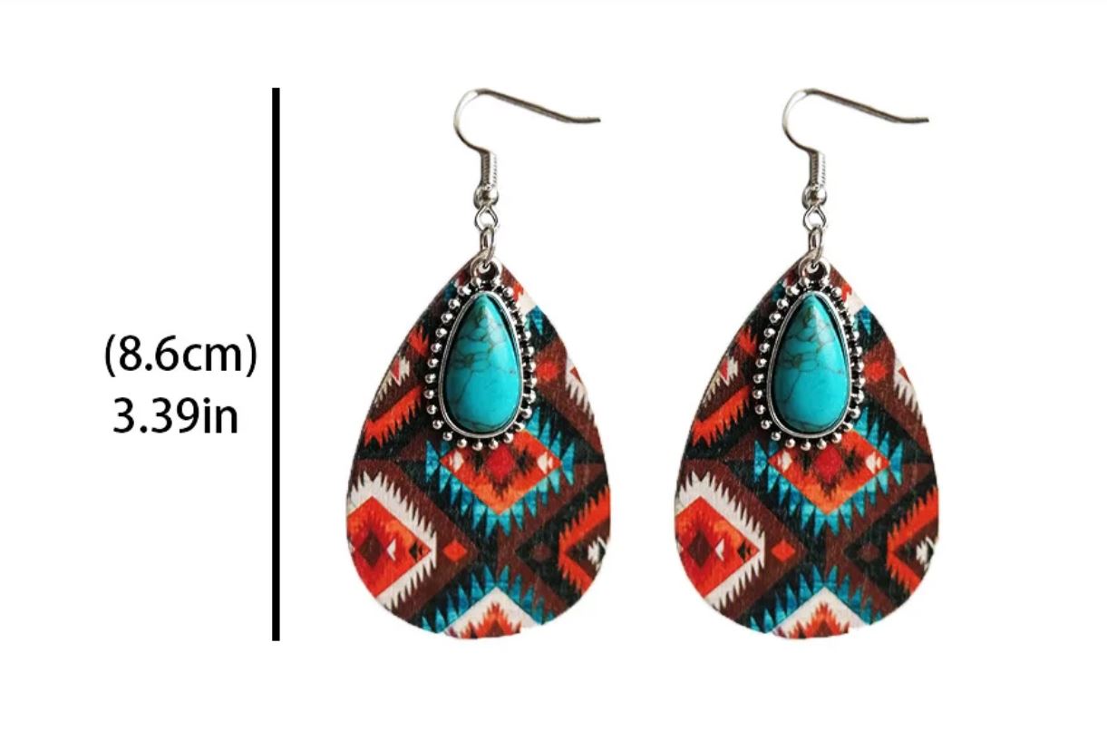 2 Pairs Women's Earrings Turquoise Pendant Vintage Ethnic Style Aztec Western Bohemian