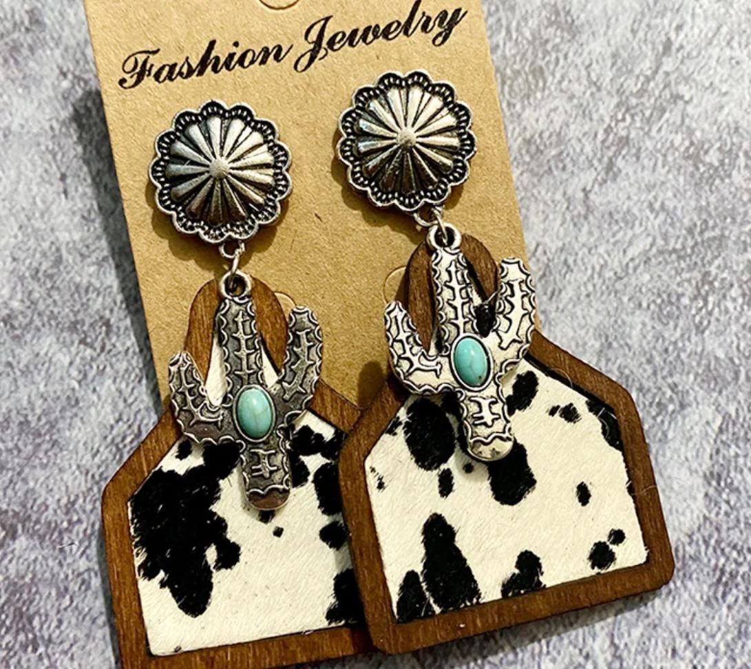 Vintage Western Earrings Bohemian Genuine Leather Cowhide Horsehair Cow Brand Fashion Patchwork Earrings