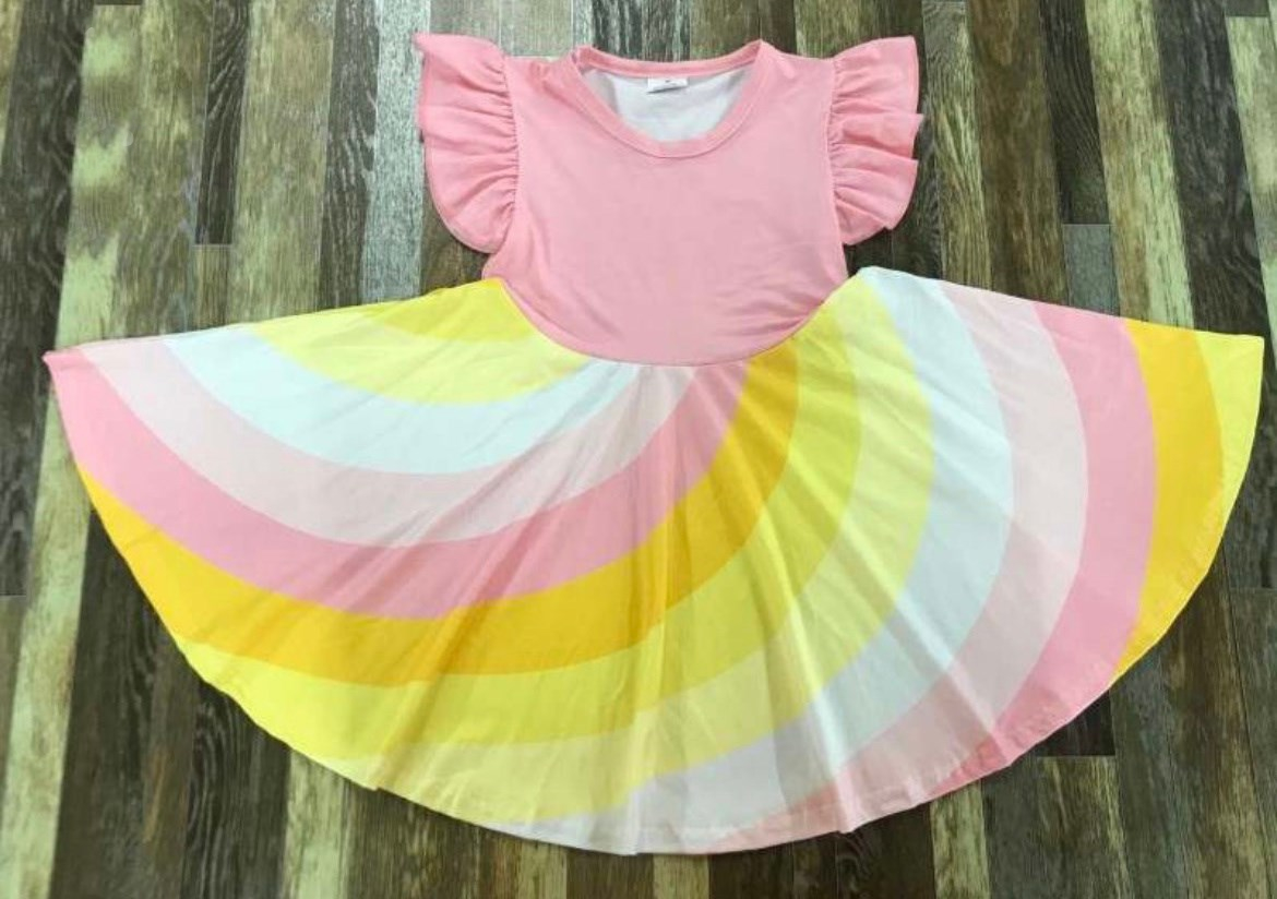 Girls Fun Playful Rainbow Spin Dresses - Pink & Yellow