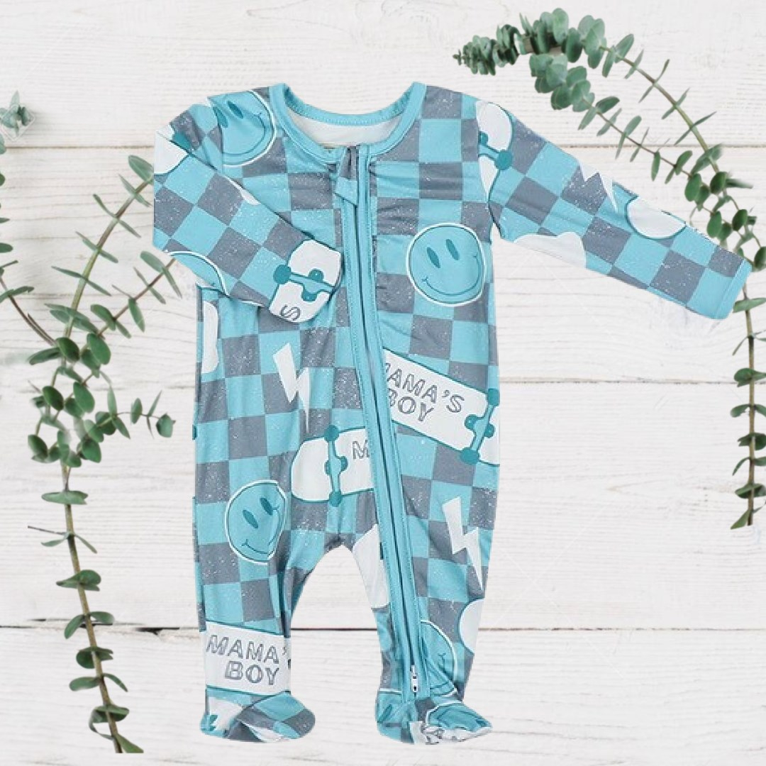 Boys Soft Sleepers With Double Zippers - Blue Check Mamas Boy with blue smilies