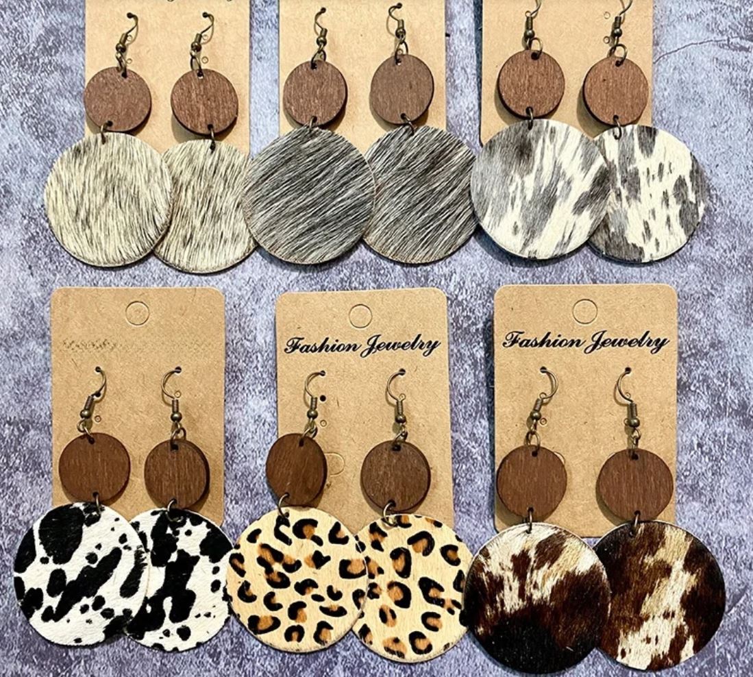 Vintage Western Earrings Wood Genuine Leather Horsehair Patchwork Drop Earrings Bohemian