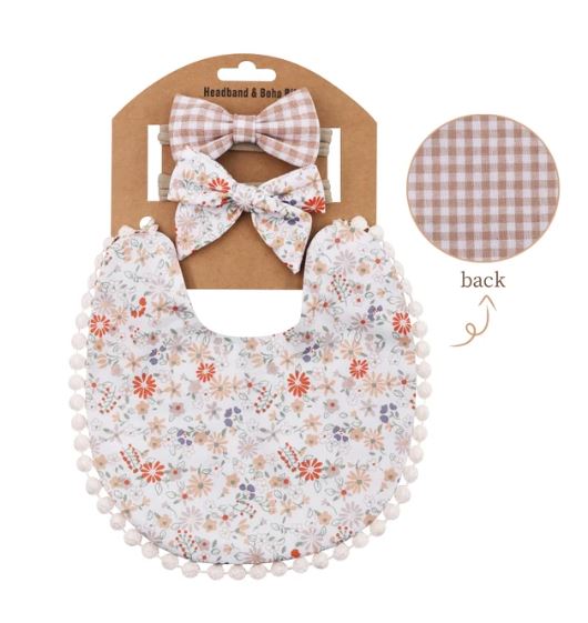 Reversible Baby Bib & Bow Set, Vintage Orange Blush Floral Pattern