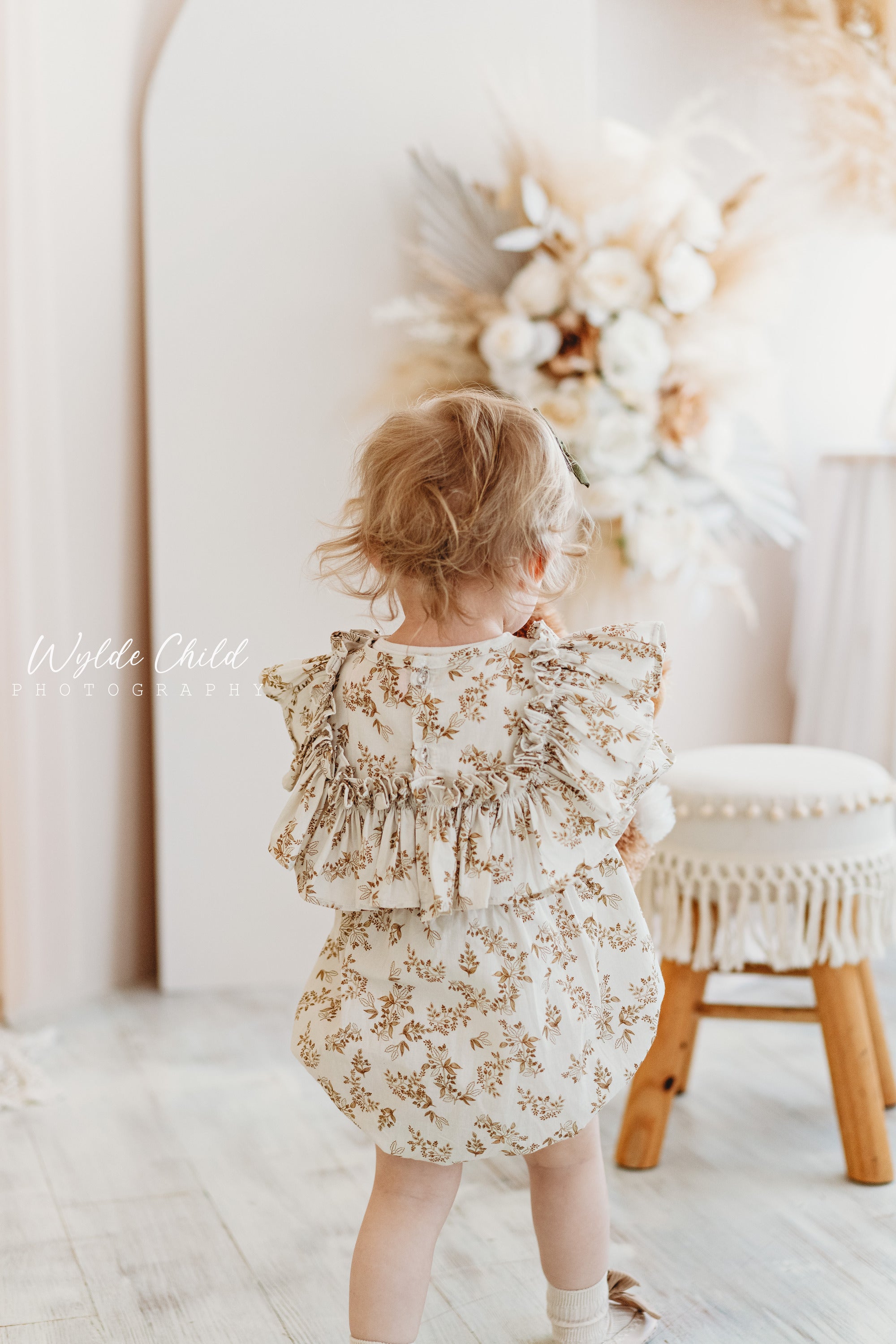 $17.50 EA - 3-6M X 2, 6-12M X 2, 12-24M X 2 - Baby Girls Brown Floral with Ruffle Chest Romper