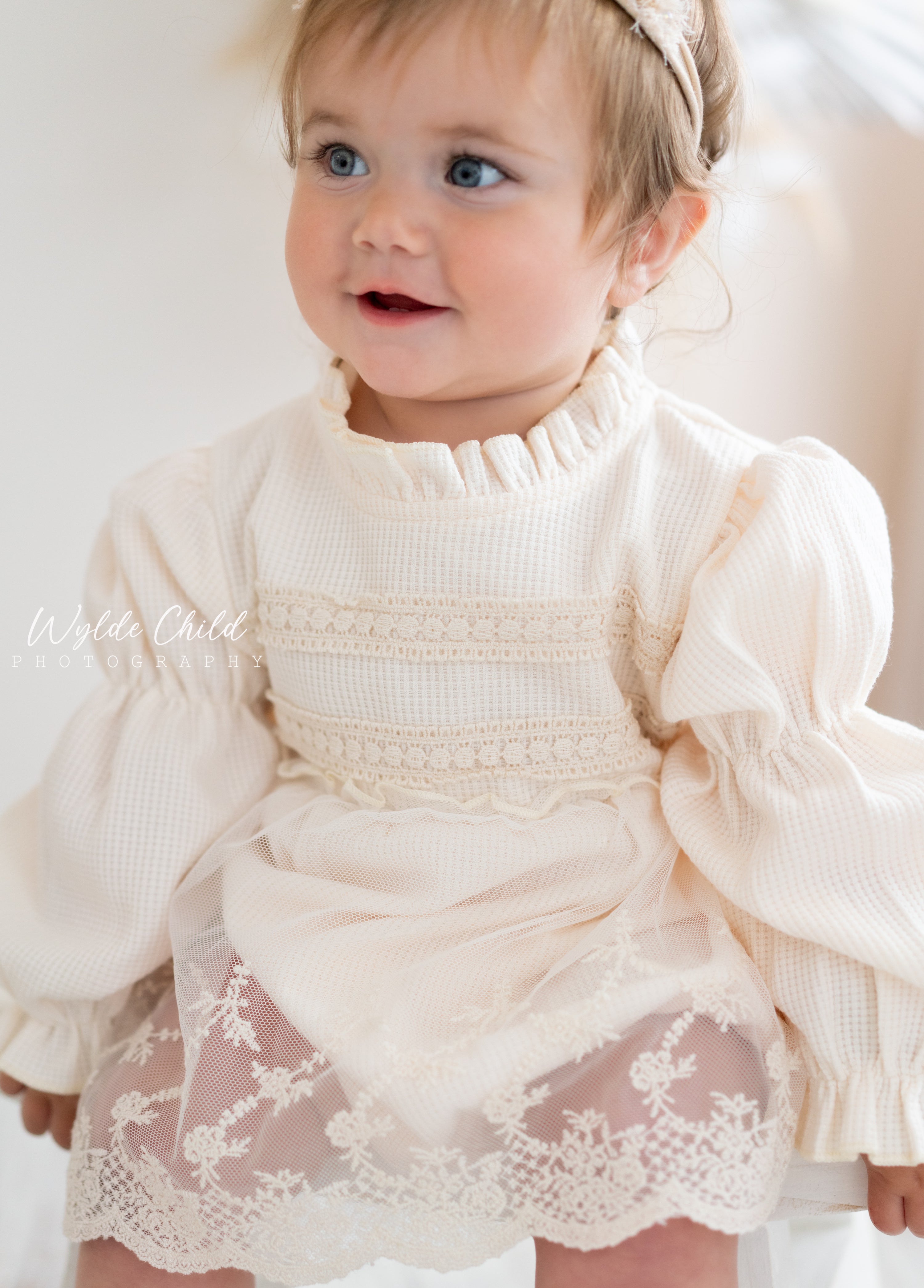 $17.50 EA - 3-6M X 2, 6-12M X 2, 12-24M x 2 - Baby Girls Ivory High Neck with Lace Skirted Romper