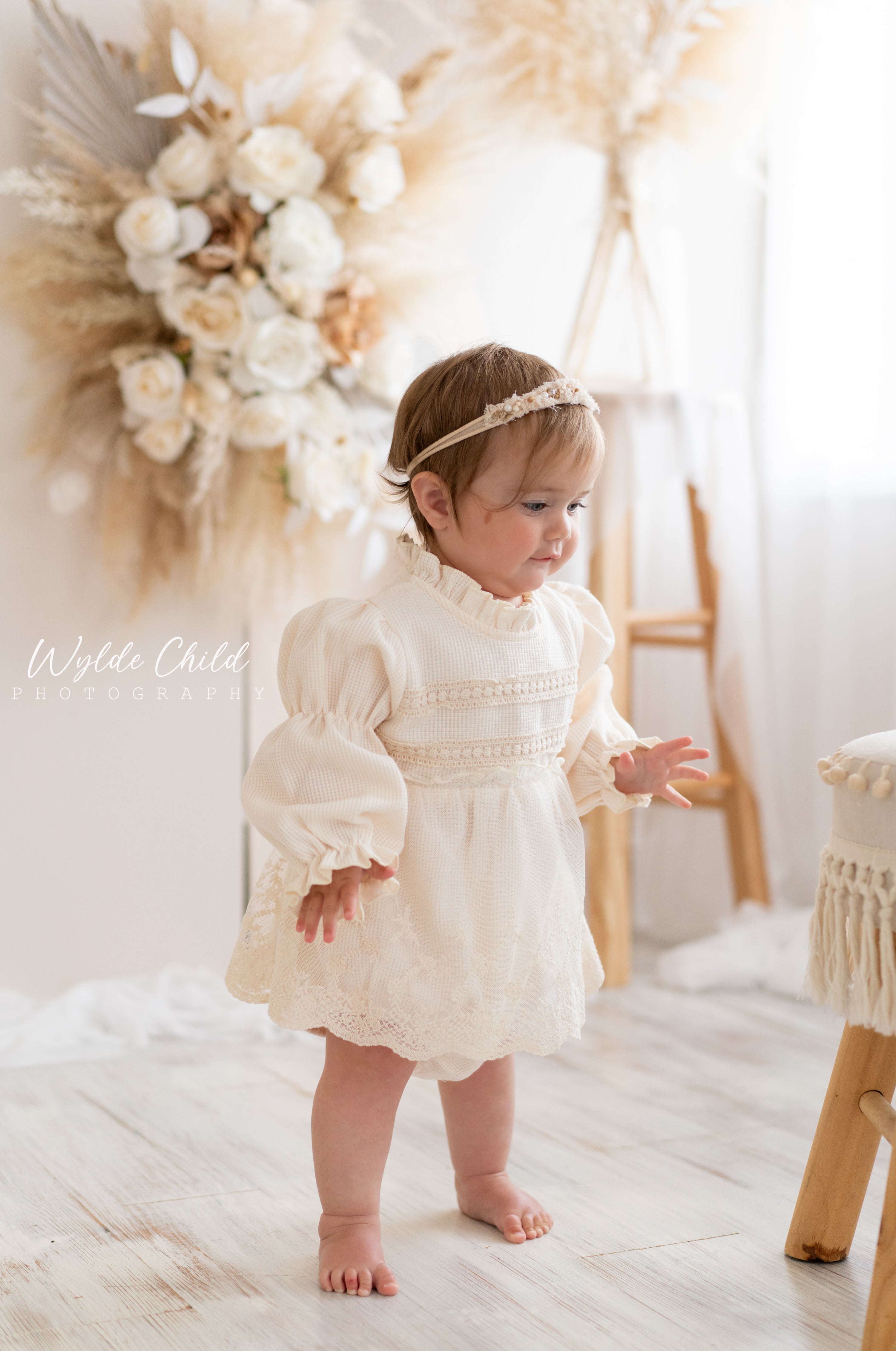 $17.50 EA - 3-6M X 2, 6-12M X 2, 12-24M x 2 - Baby Girls Ivory High Neck with Lace Skirted Romper