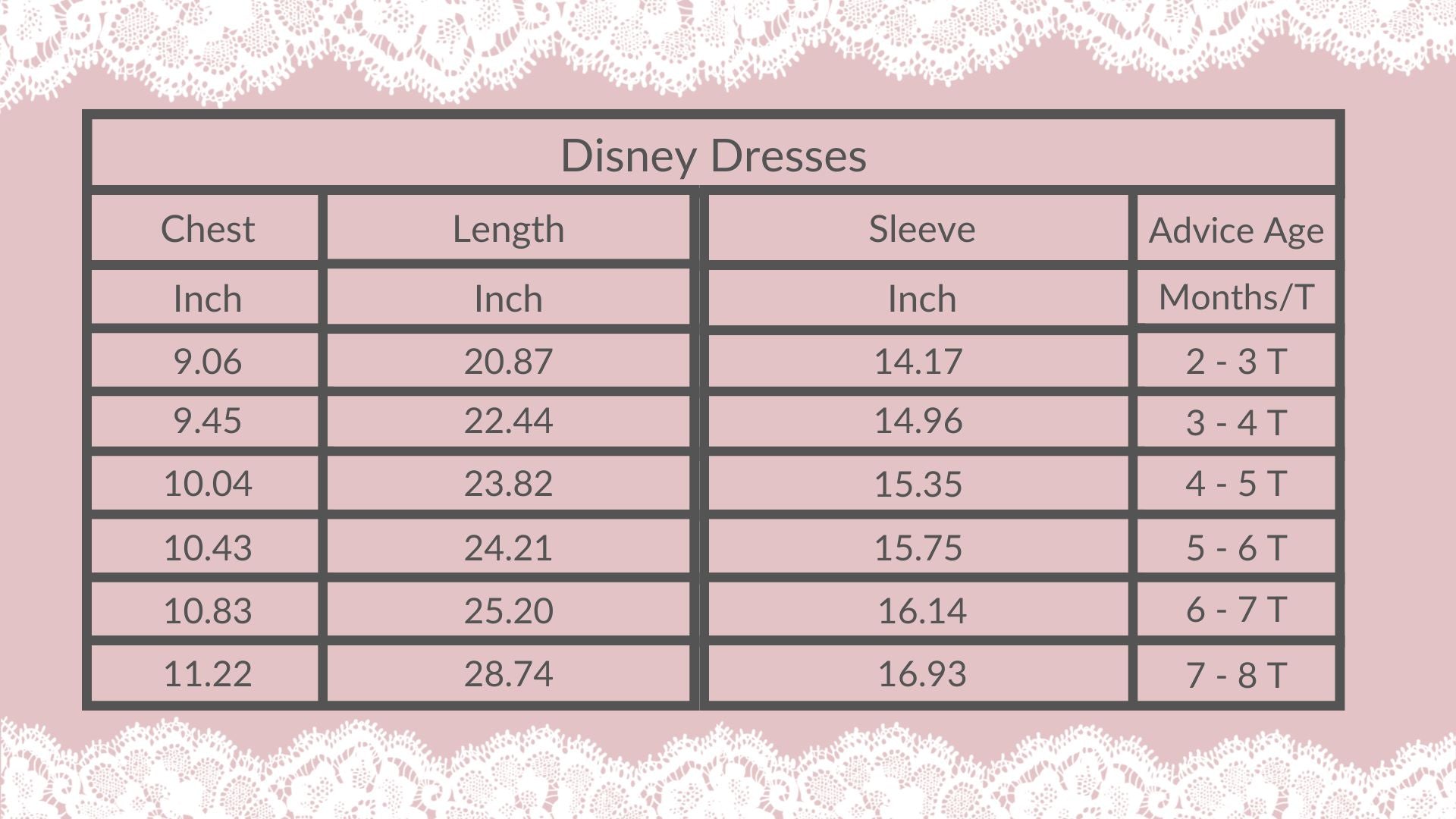 Size chart for disney dresses