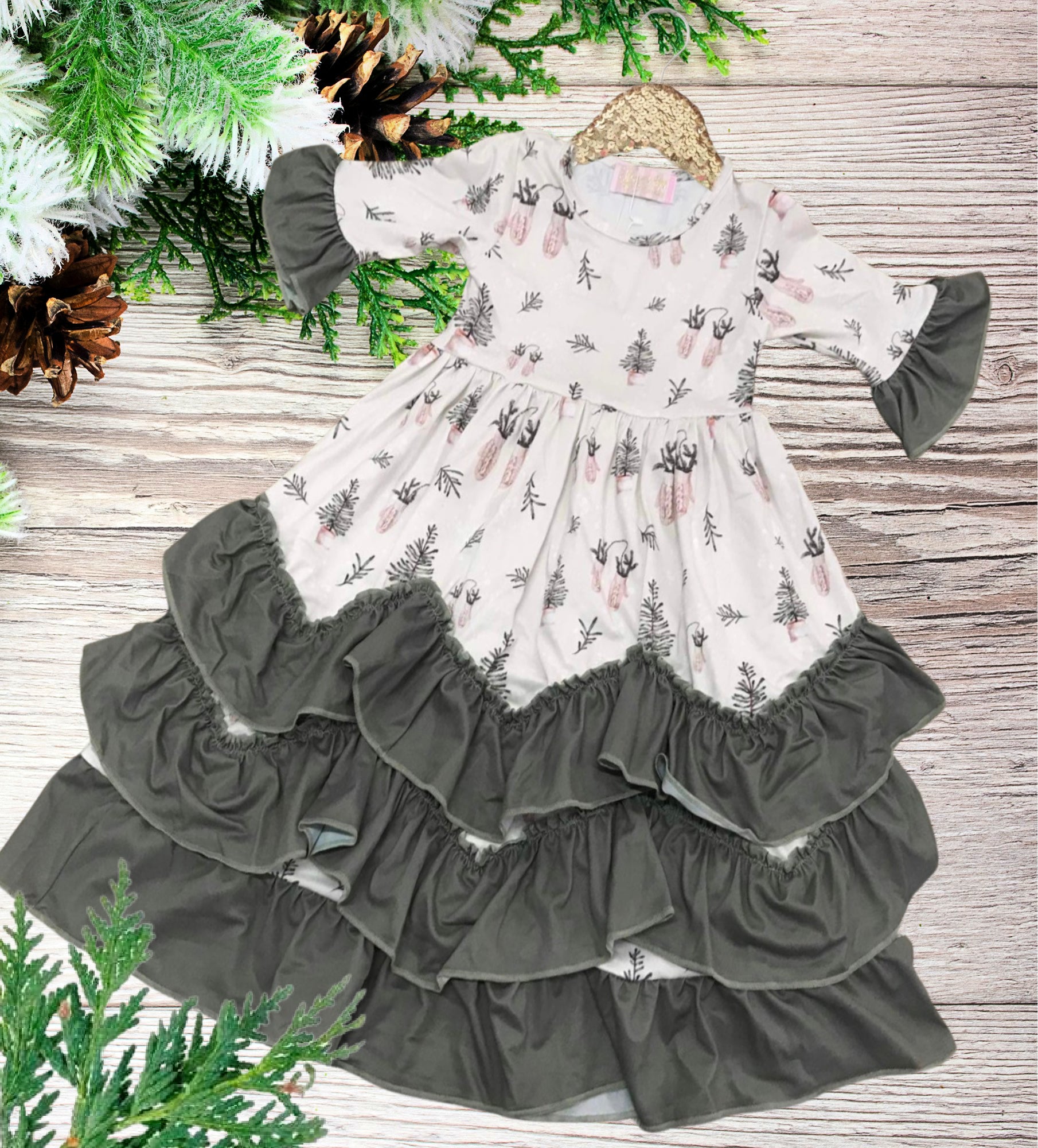 Girls Long Ruffle Holiday/Christmas Dresses - Blush & Green Mitts with tree sapplings
