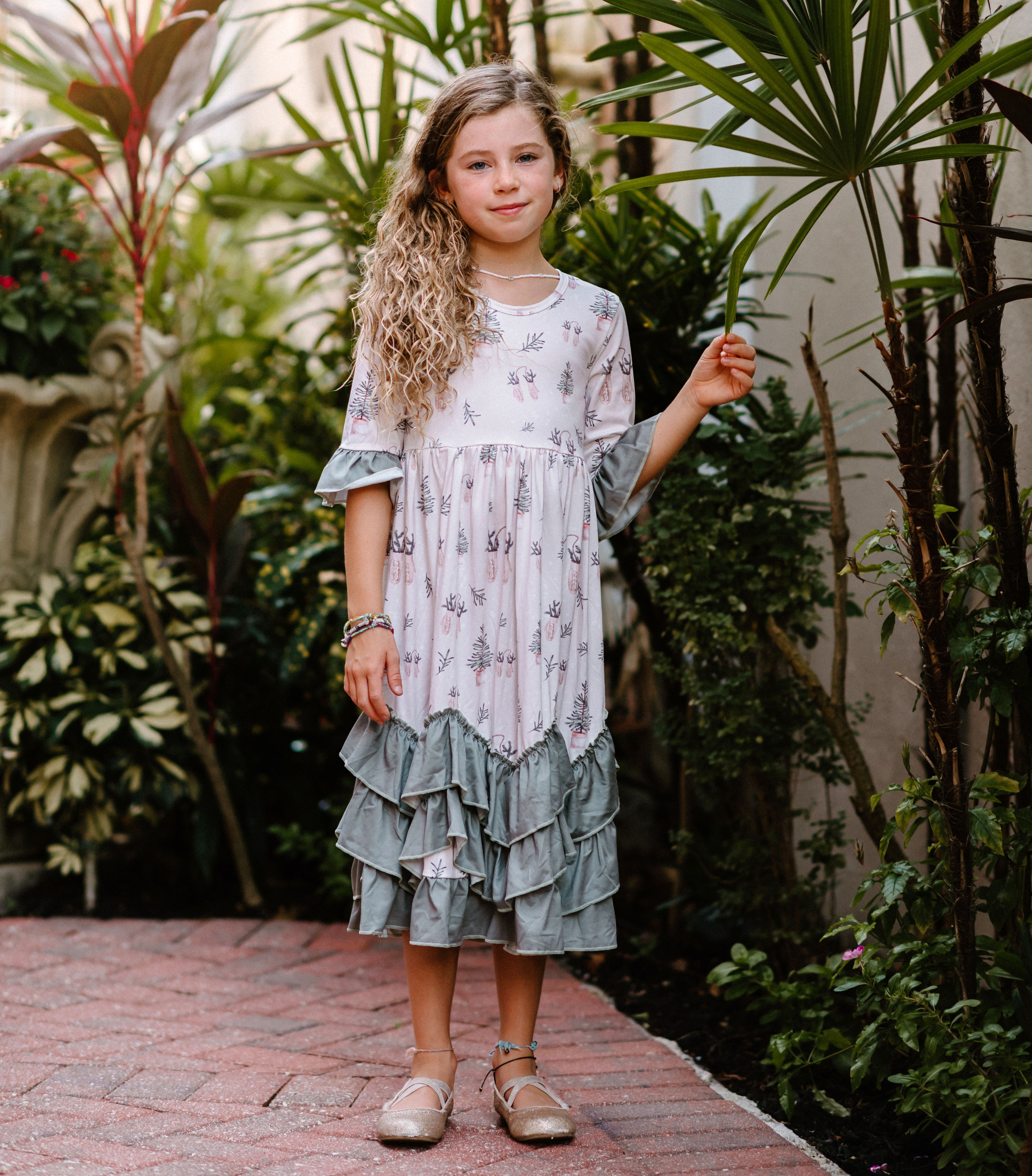 Girls Long Ruffle Holiday/Christmas Dresses - Blush & Green Mitts