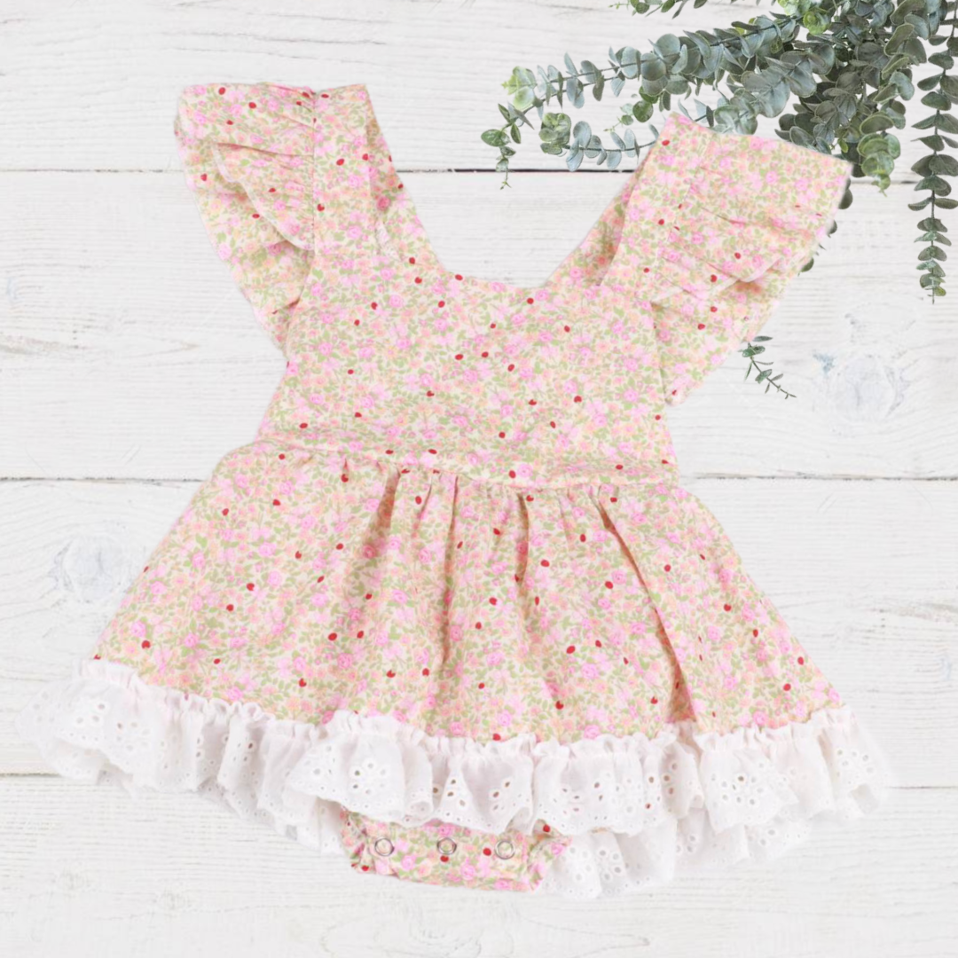 Toddler Girls Peach Floral - Lace Skirt Romper