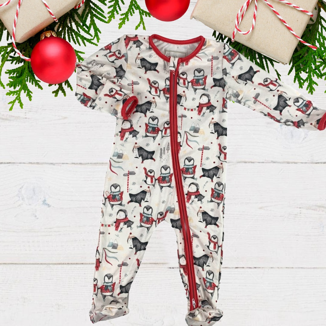 Holiday Zippies Sleepers - Red Penguin Holiday - penguins in red sweaters and scarves, figure skating and waving