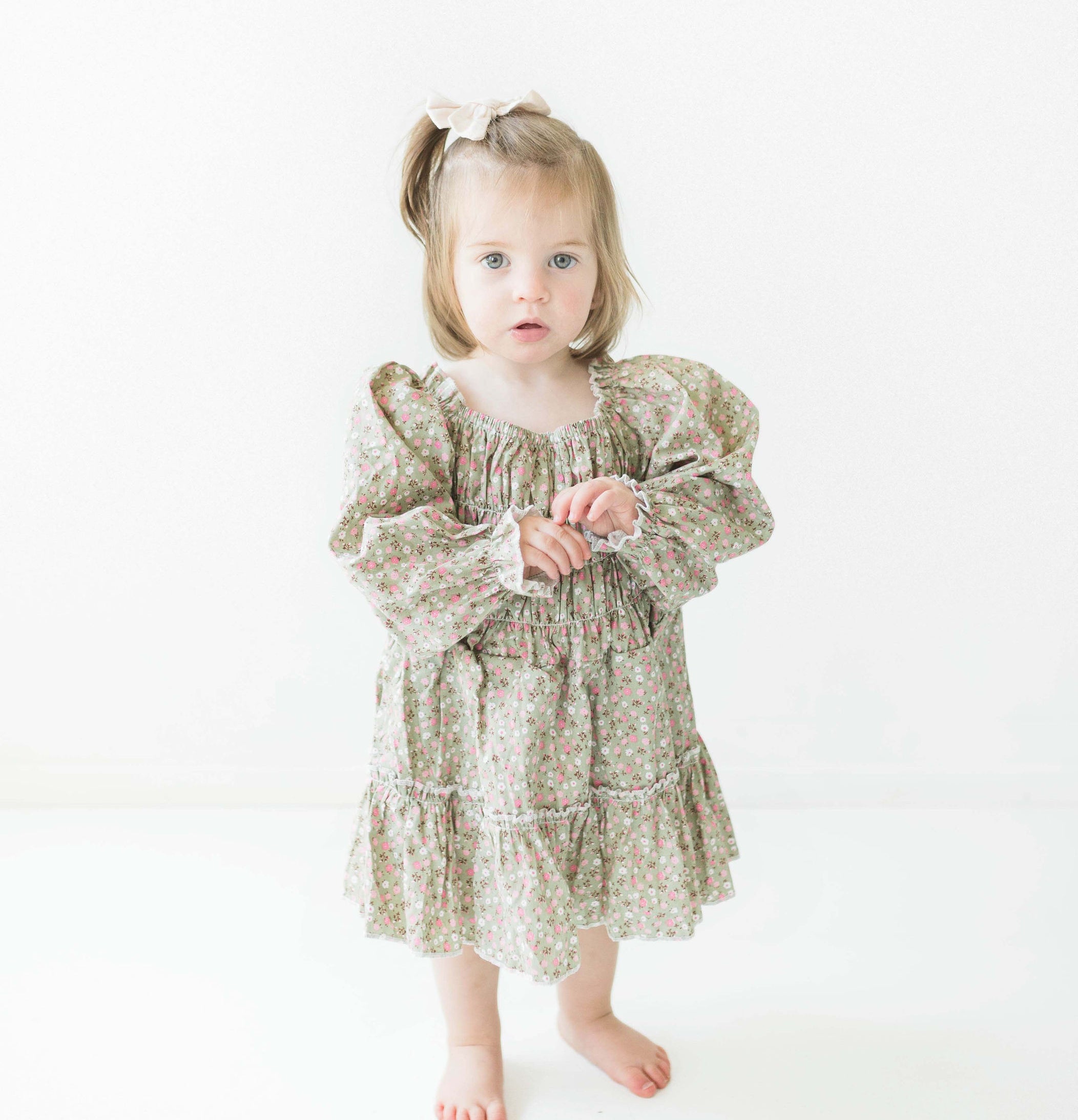 Baby Girls Olive Green with Tiny Pink Floral Long Sleeve Skirted Romper